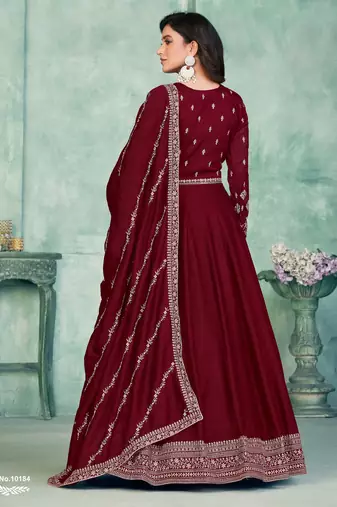 Maroon Art Silk Semi-Stitched Gown with Resham & Sequin Embroidery