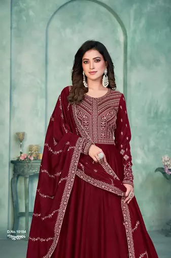 Maroon Art Silk Semi-Stitched Gown with Resham & Sequin Embroidery