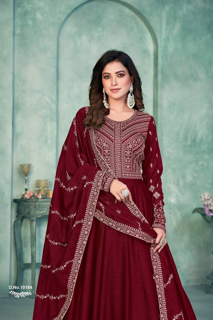 Maroon Art Silk Semi-Stitched Gown with Resham & Sequin Embroidery