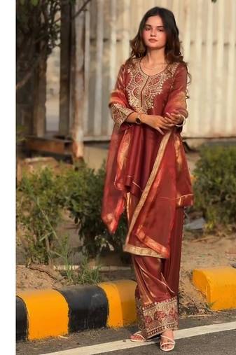 Rust red embroidery tissue farshi salwar