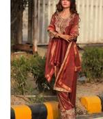 Rust red embroidery tissue farshi salwar