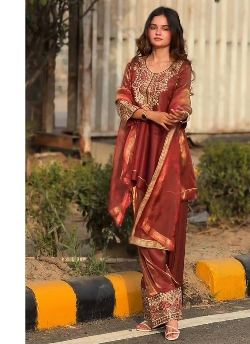 Rust red embroidery tissue farshi salwar