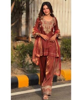 Rust red embroidery tissue farshi salwar 2