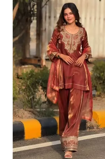 Rust red embroidery tissue farshi salwar