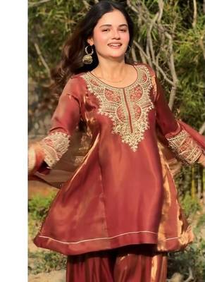 Rust red embroidery tissue farshi salwar 3