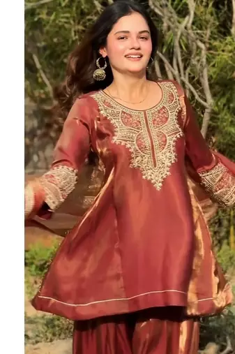 Rust red embroidery tissue farshi salwar