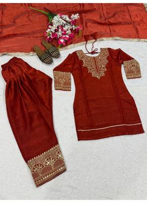 Rust red embroidery tissue farshi salwar 4