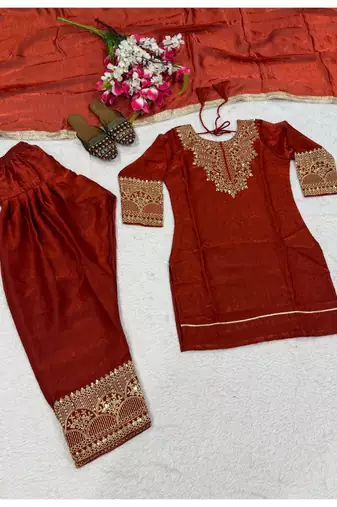 Rust red embroidery tissue farshi salwar