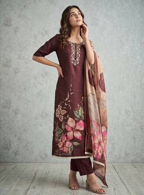 Brown pure cotton linen shimmer handwork suit set with dupatta 1