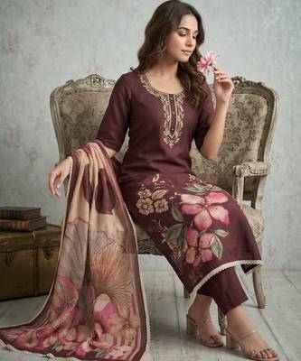 Brown pure cotton linen shimmer handwork suit set with dupatta 2