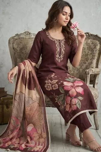 Brown pure cotton linen shimmer handwork suit set with dupatta