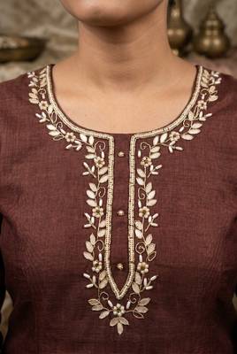 Brown pure cotton linen shimmer handwork suit set with dupatta 3