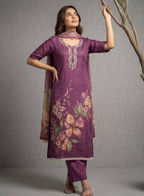 Purple pure cotton linen shimmer handwork suit set with dupatta 1
