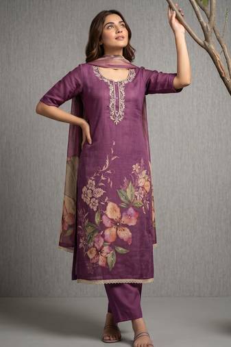 Purple pure cotton linen shimmer handwork suit set with dupatta
