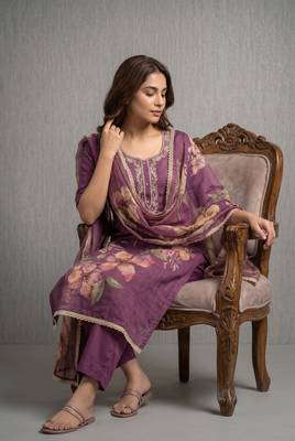 Purple pure cotton linen shimmer handwork suit set with dupatta 2