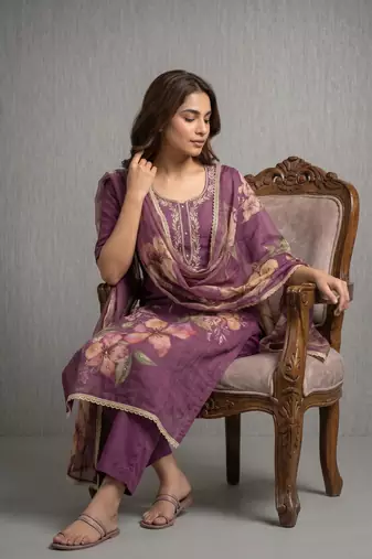 Purple pure cotton linen shimmer handwork suit set with dupatta