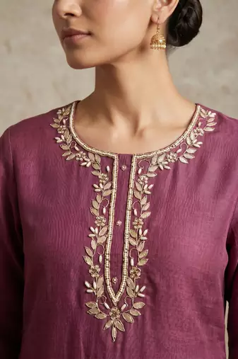 Purple pure cotton linen shimmer handwork suit set with dupatta