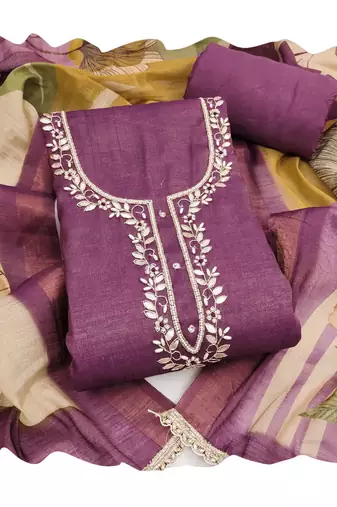 Purple pure cotton linen shimmer handwork suit set with dupatta