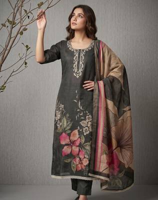 Grey pure cotton linen shimmer handwork suit set with dupatta 1