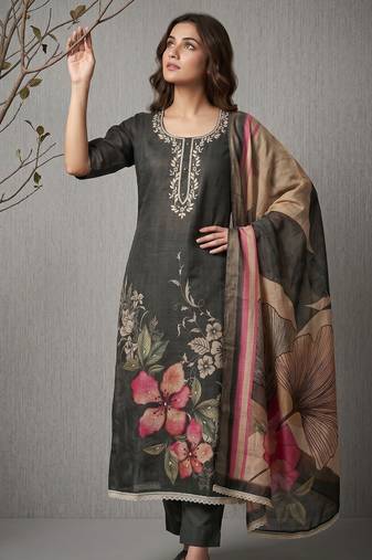 Grey pure cotton linen shimmer handwork suit set with dupatta