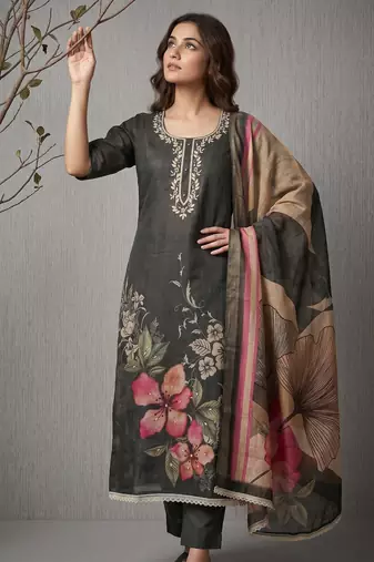Grey pure cotton linen shimmer handwork suit set with dupatta