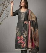 Grey pure cotton linen shimmer handwork suit set with dupatta