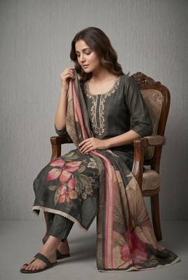 Grey pure cotton linen shimmer handwork suit set with dupatta 2