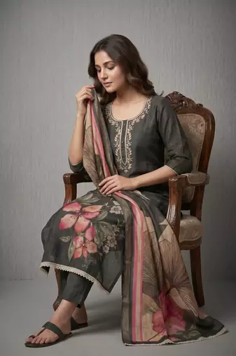 Grey pure cotton linen shimmer handwork suit set with dupatta