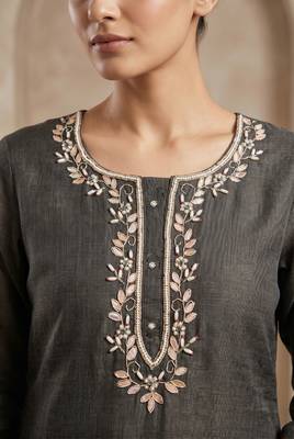 Grey pure cotton linen shimmer handwork suit set with dupatta 3