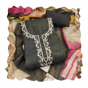 Grey pure cotton linen shimmer handwork suit set with dupatta 4