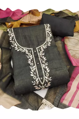 Grey pure cotton linen shimmer handwork suit set with dupatta