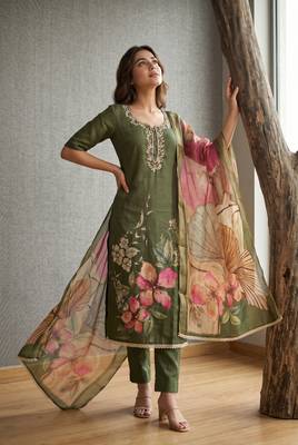 Olive pure cotton linen shimmer handwork suit set with dupatta 1