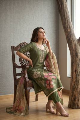 Olive pure cotton linen shimmer handwork suit set with dupatta 2