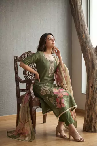 Olive pure cotton linen shimmer handwork suit set with dupatta