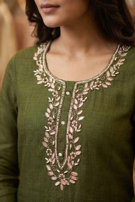 Olive pure cotton linen shimmer handwork suit set with dupatta 3