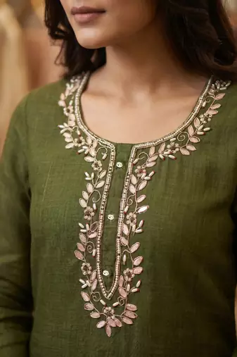 Olive pure cotton linen shimmer handwork suit set with dupatta