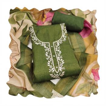 Olive pure cotton linen shimmer handwork suit set with dupatta 4