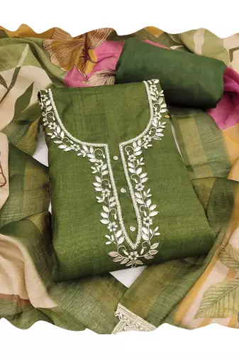 Olive pure cotton linen shimmer handwork suit set with dupatta