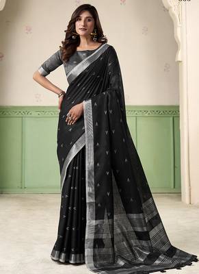 Black linen cotton saree with silver zari border & woven buti design 1