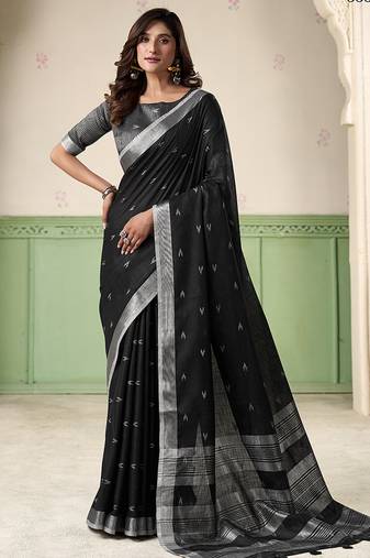 Black linen cotton saree with silver zari border & woven buti design