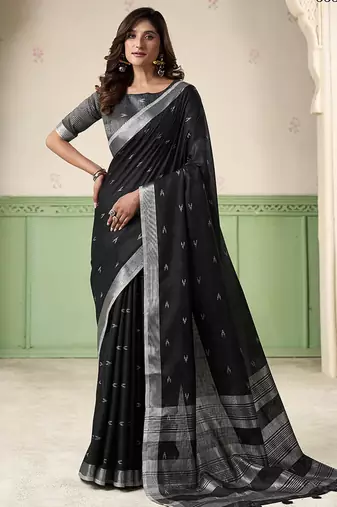 Black linen cotton saree with silver zari border & woven buti design