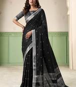 Black linen cotton saree with silver zari border & woven buti design