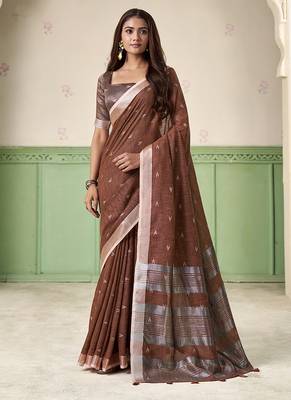 Brown linen cotton saree with silver zari border & woven buti design 1