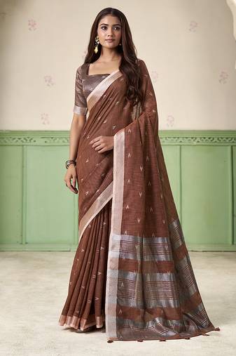 Brown linen cotton saree with silver zari border & woven buti design