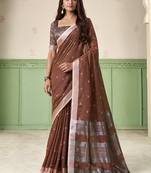 Brown linen cotton saree with silver zari border & woven buti design