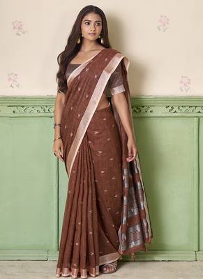 Brown linen cotton saree with silver zari border & woven buti design 2