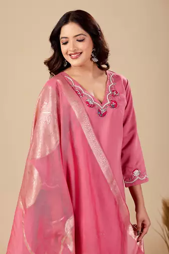 Pink roman fabric handwork applique suit set with heavy jacquard dupatta