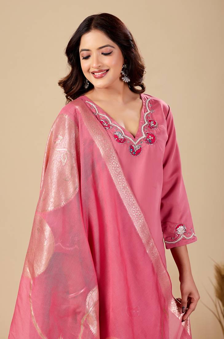Pink roman fabric handwork applique suit set with heavy jacquard dupatta