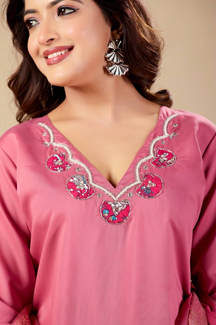Pink roman fabric handwork applique suit set with heavy jacquard dupatta
