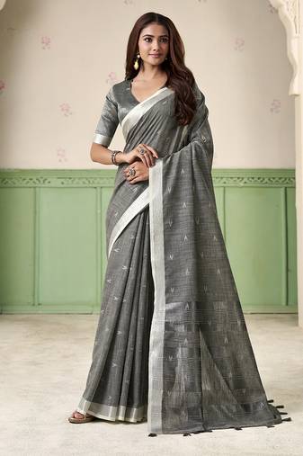 Grey linen cotton saree with silver zari border & woven buti design